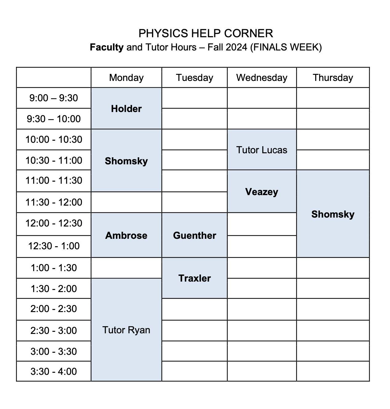 F2024 Finals schedule for the Physics Help Corner